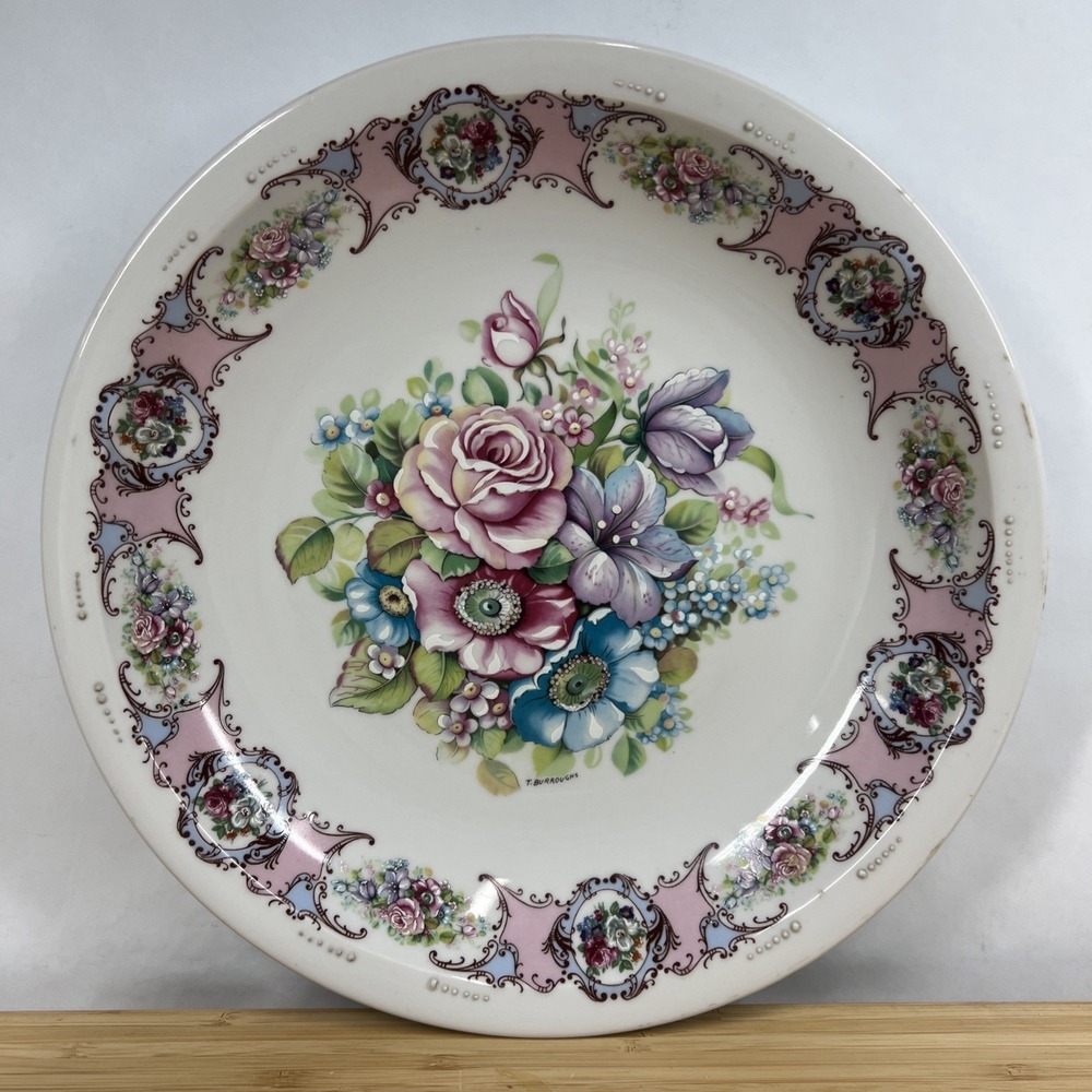 Limoges France 12" Floral Porcelain Cabinet Plate Pink Border T Burroughs VTG